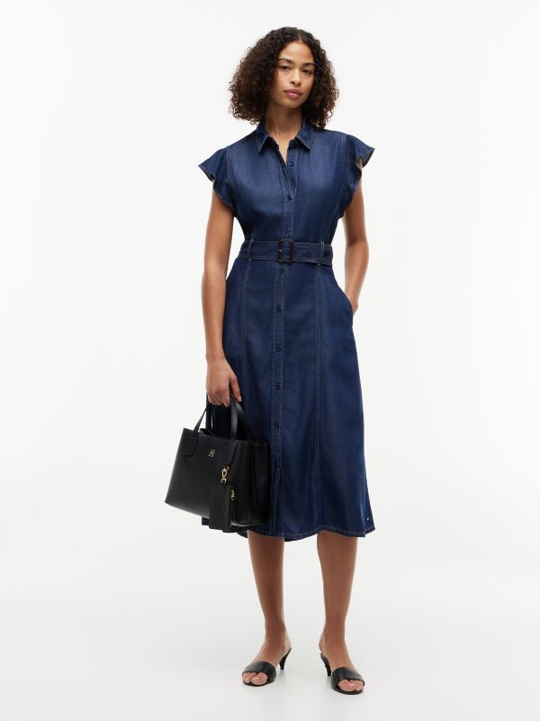Denim Fit And Flare Midi Dress — Blue