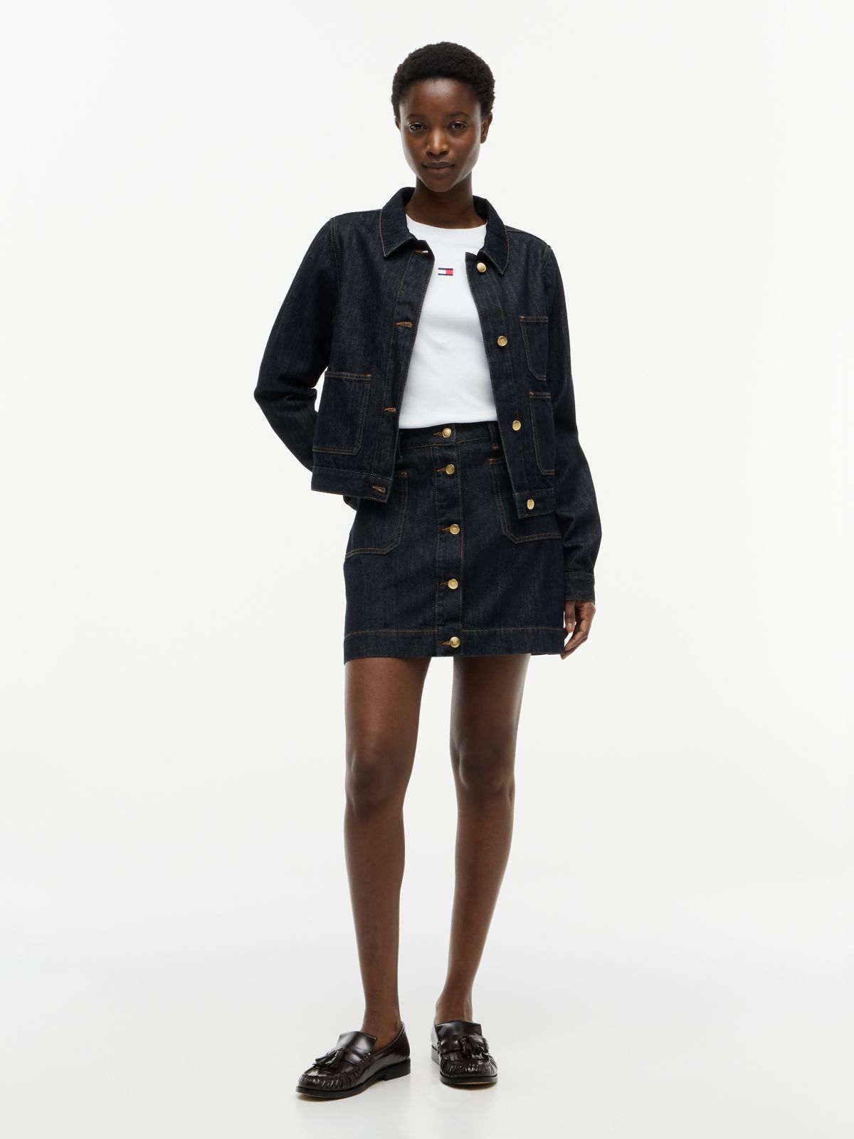 Gold-Tone Button Denim Jacket — Blue
