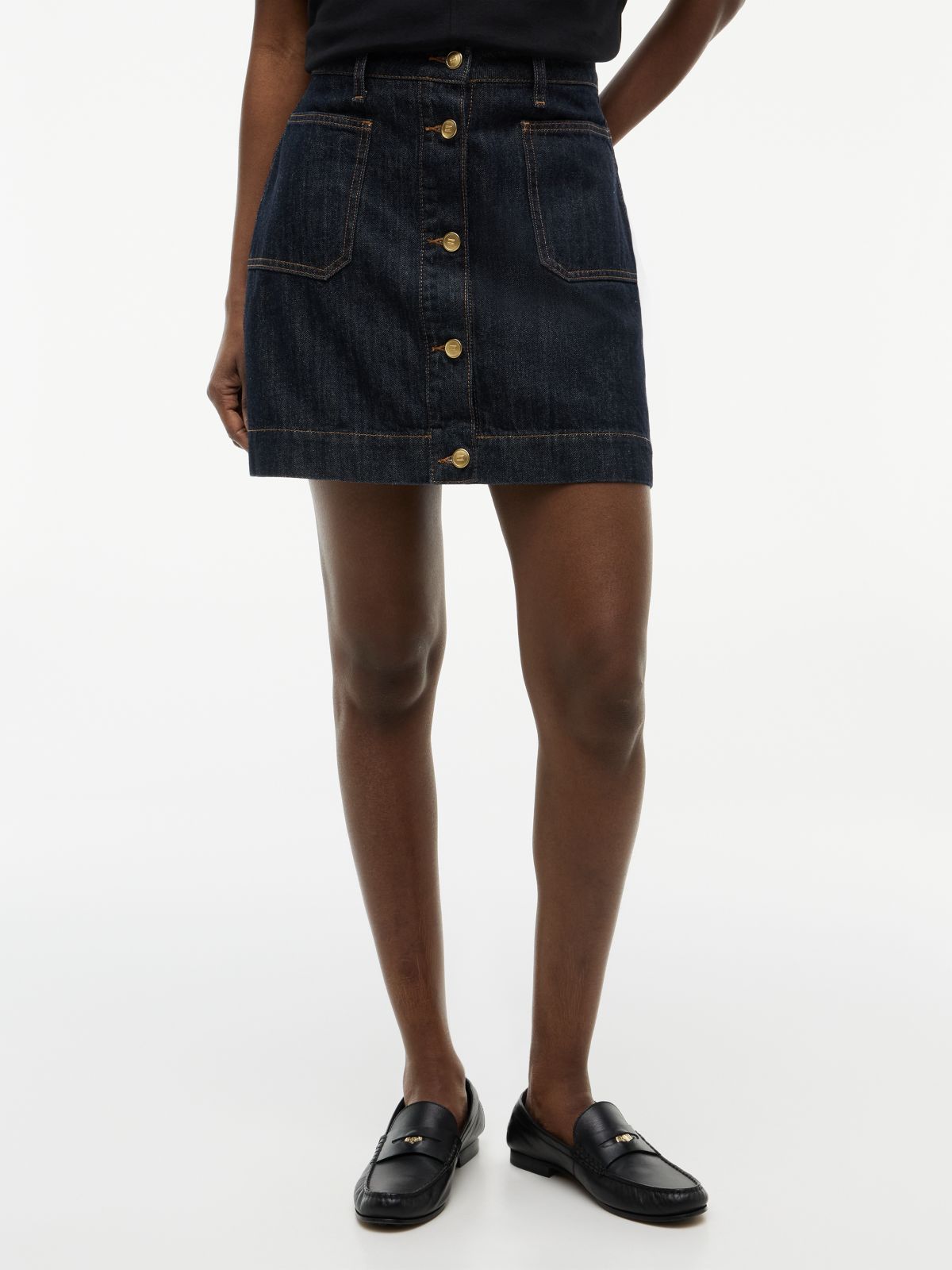 Gold-Tone Button Denim Mini Skirt — Blue