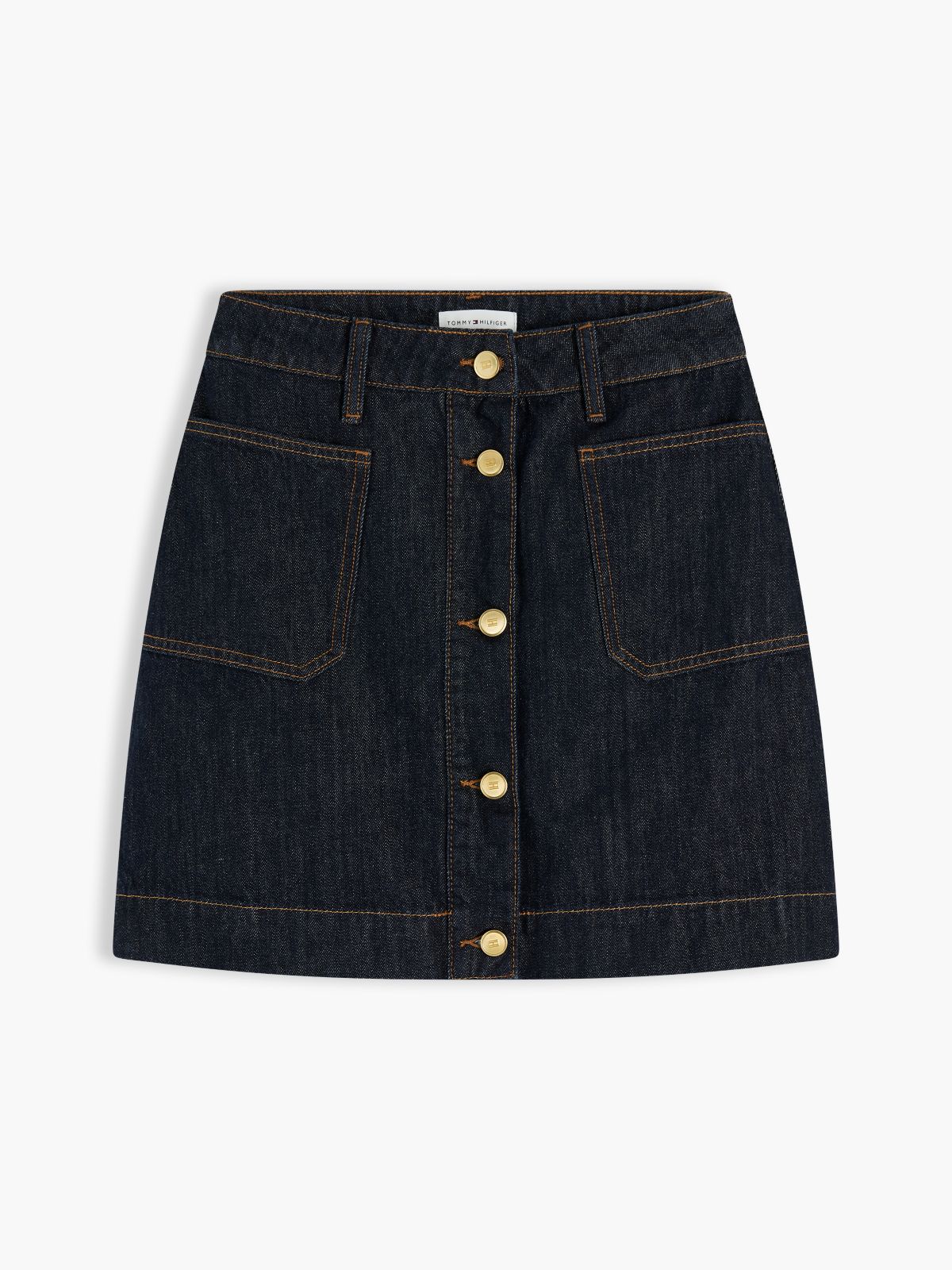 Gold-Tone Button Denim Mini Skirt — Blue