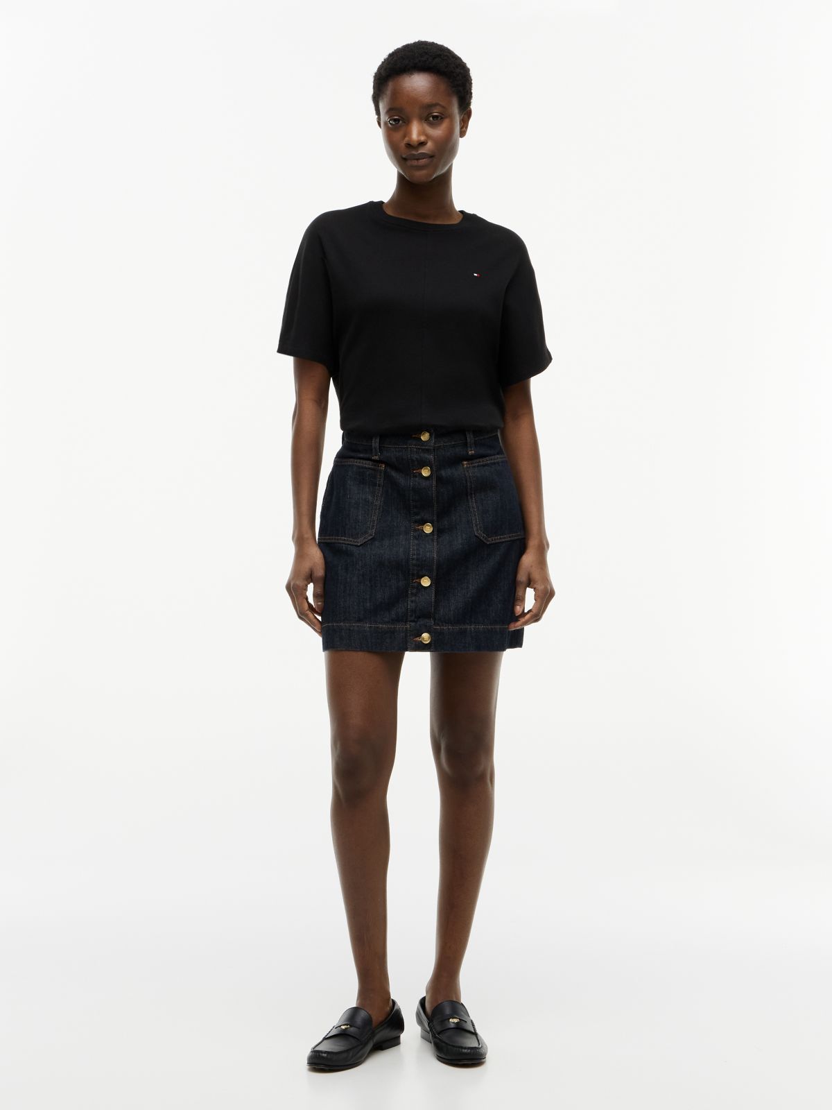 Gold-Tone Button Denim Mini Skirt — Blue