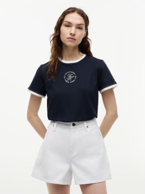 blue logo embroidery ringer t-shirt for women tommy hilfiger