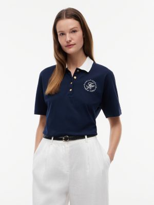 blue regular fit gold-tone button polo shirt for women tommy hilfiger