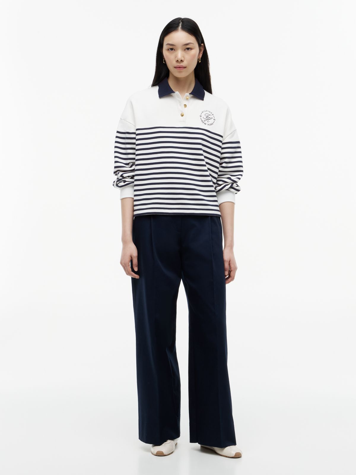 Gold-Tone Button Relaxed Polo Sweatshirt — Multi