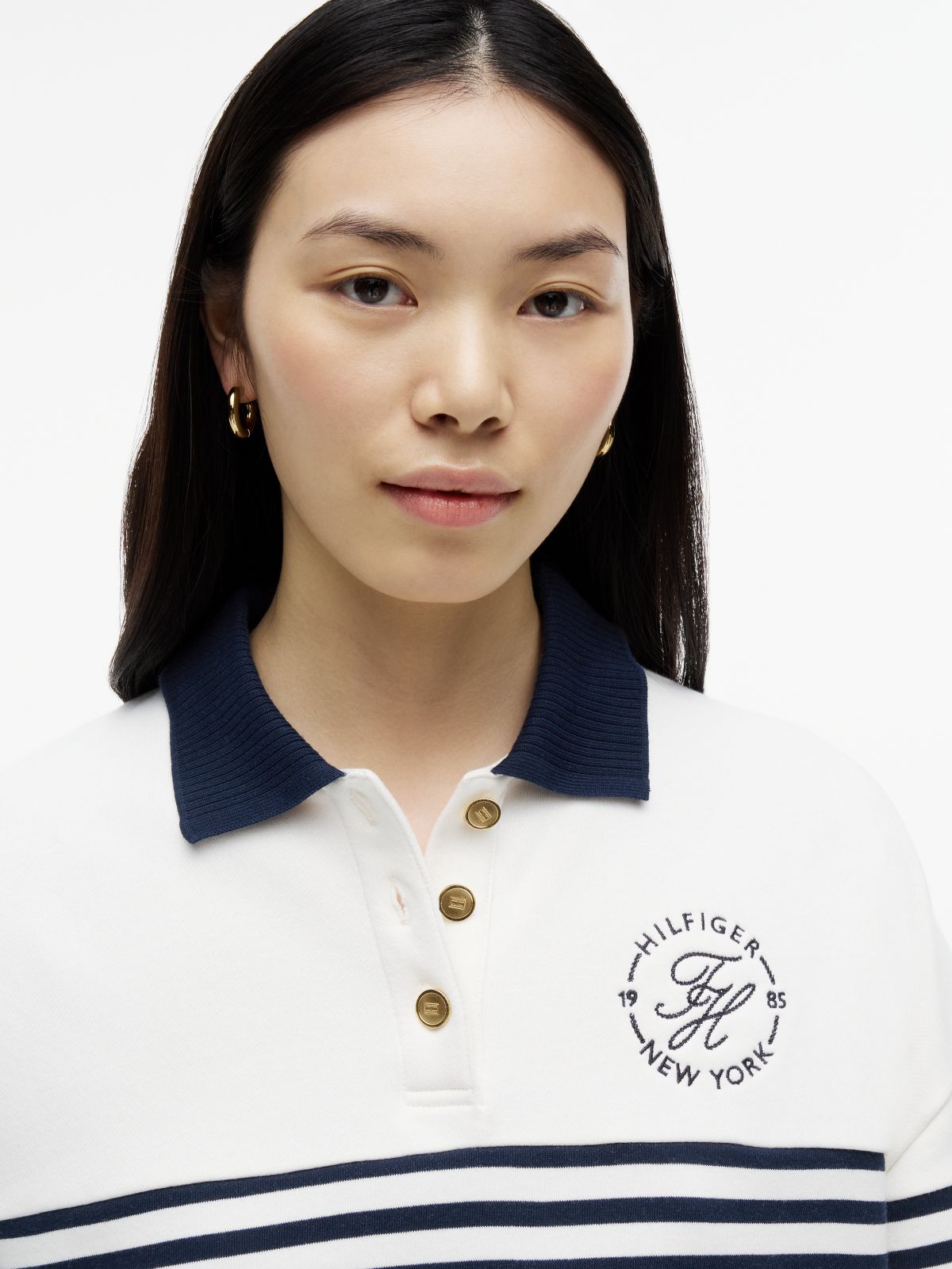 Gold-Tone Button Relaxed Polo Sweatshirt — Multi