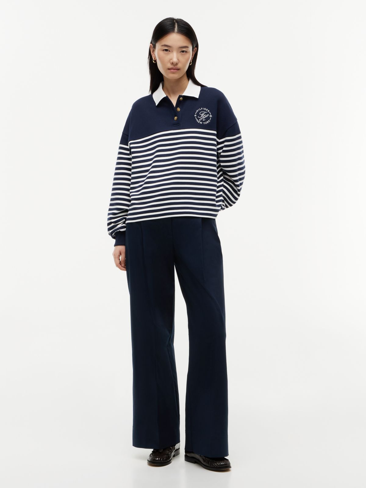 Gold-Tone Button Relaxed Polo Sweatshirt — Multi