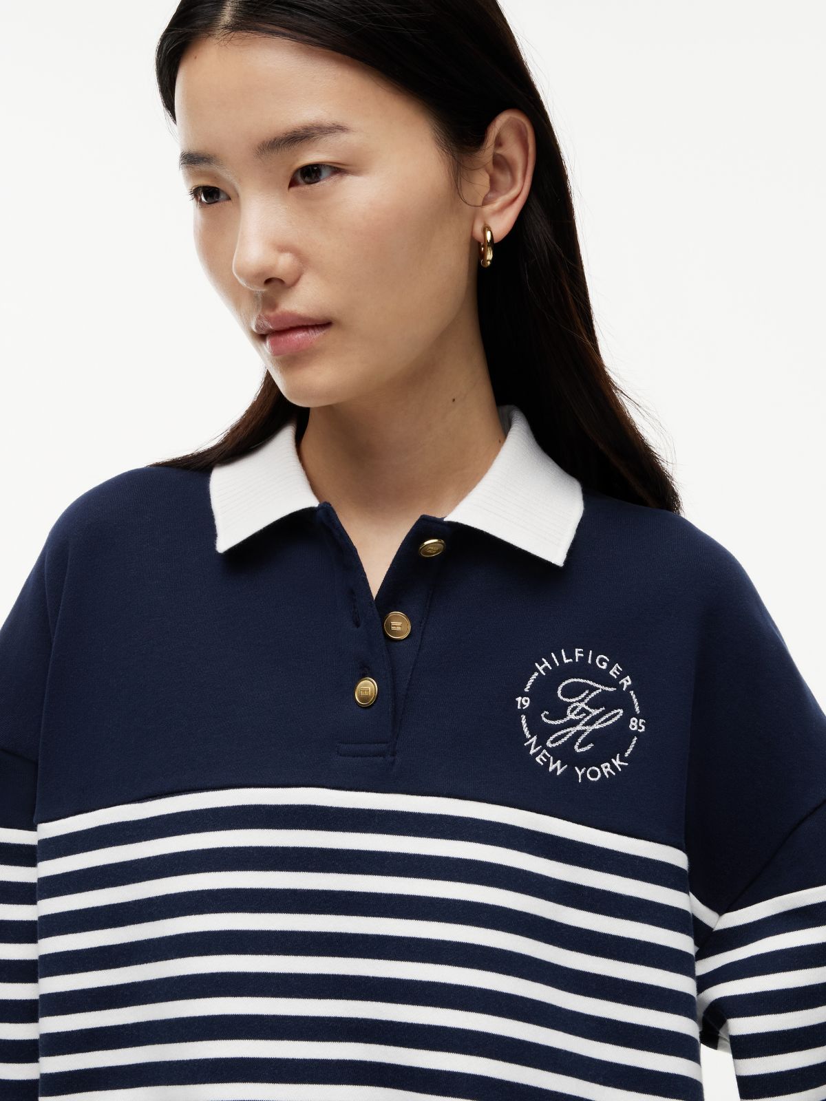 Gold-Tone Button Relaxed Polo Sweatshirt — Multi