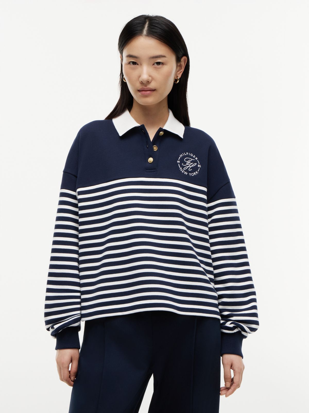 Gold-Tone Button Relaxed Polo Sweatshirt — Multi