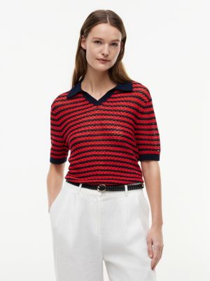 blue pointelle relaxed short sleeve polo jumper for women tommy hilfiger