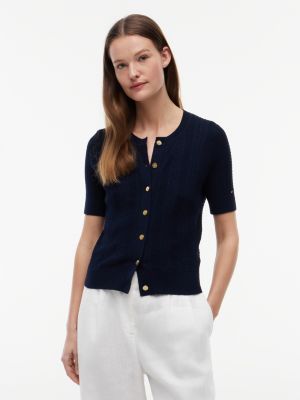 cardigan en pointelle à manches courtes et boutons dorés blue pour femmes tommy hilfiger