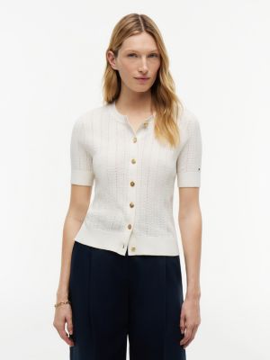 beige pointelle gold-tone button short sleeve cardigan for women tommy hilfiger