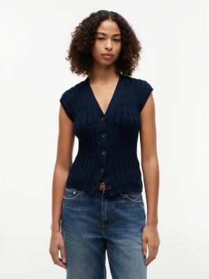 blue cable knit slim cap sleeve cardigan for women tommy hilfiger