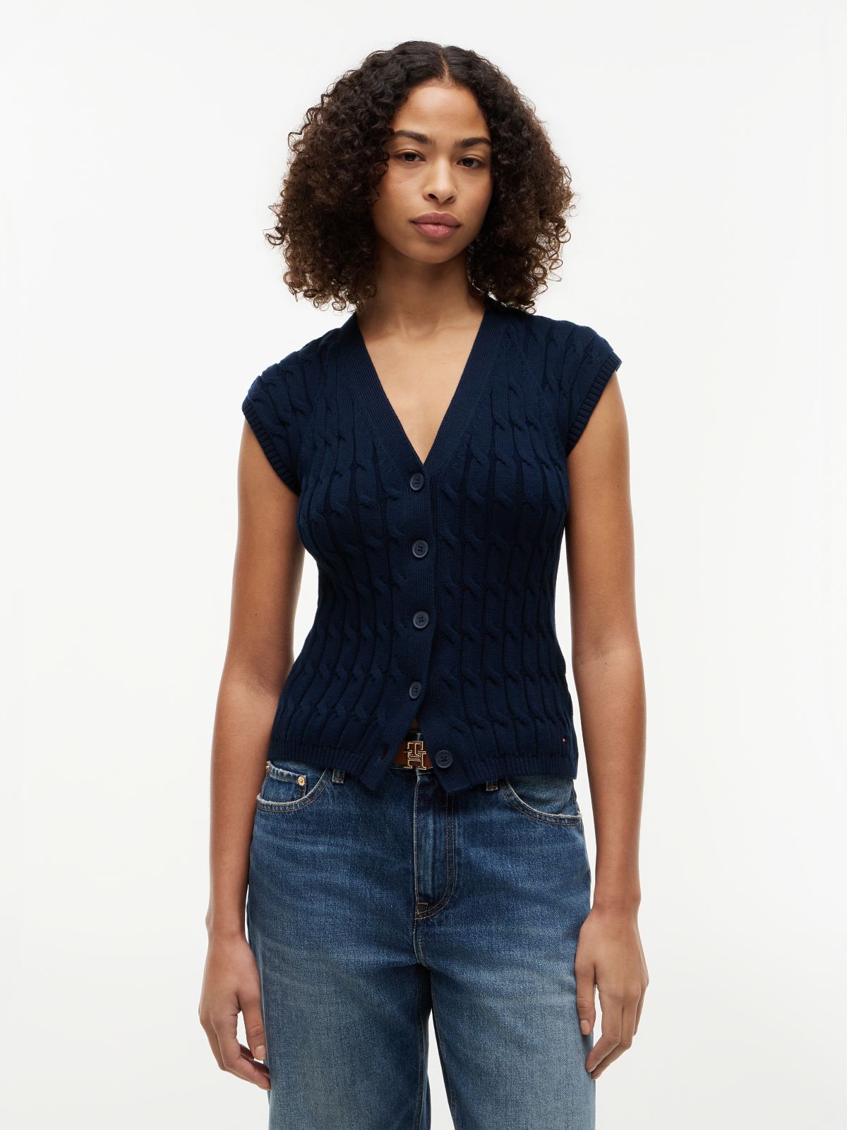 Cable Knit Slim Cap Sleeve Cardigan — Blue