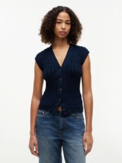 Cable Knit Slim Cap Sleeve Cardigan — Blue 1
