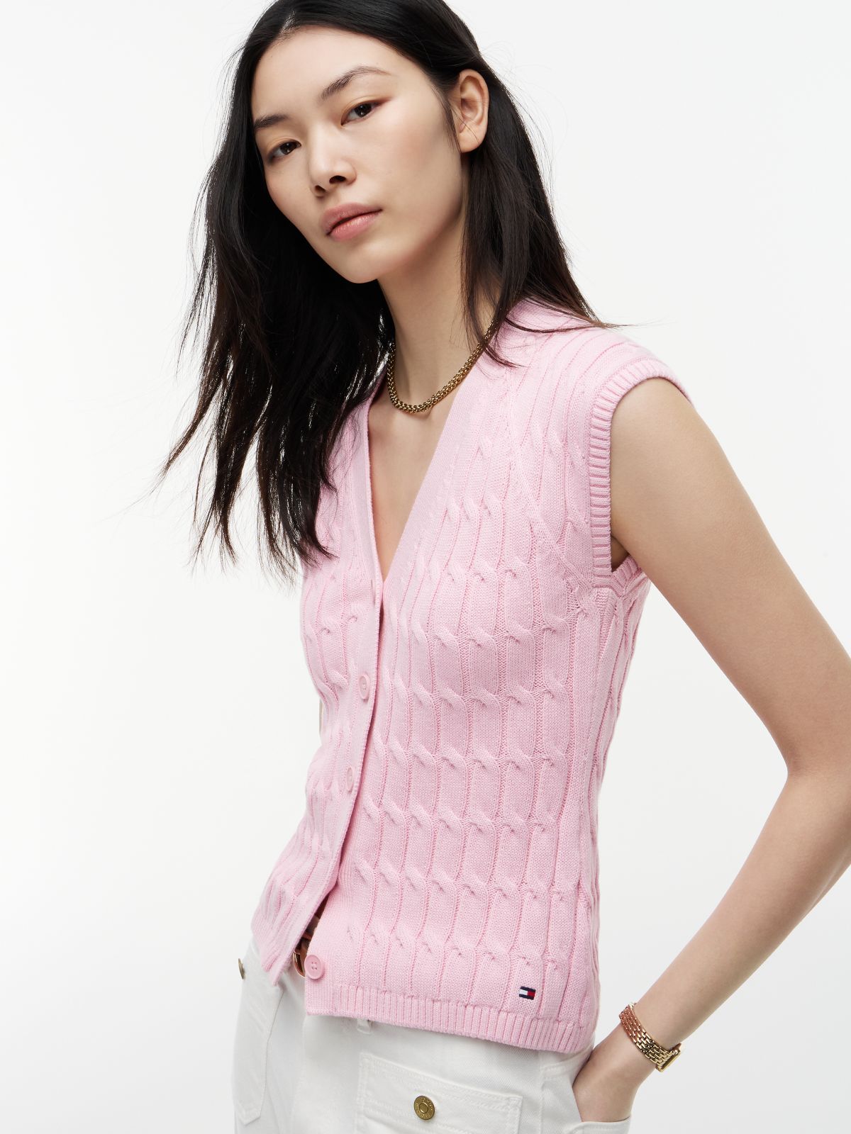 Cable Knit Slim Cap Sleeve Cardigan — Pink