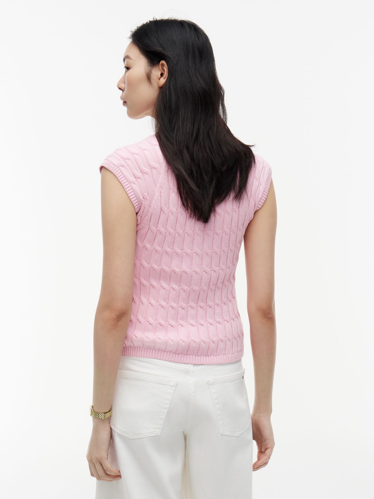 Cable Knit Slim Cap Sleeve Cardigan — Pink