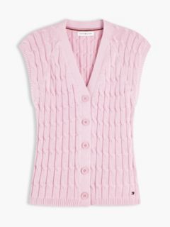 Cable Knit Slim Cap Sleeve Cardigan — Pink 5