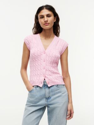 pink cable knit slim cap sleeve cardigan for women tommy hilfiger