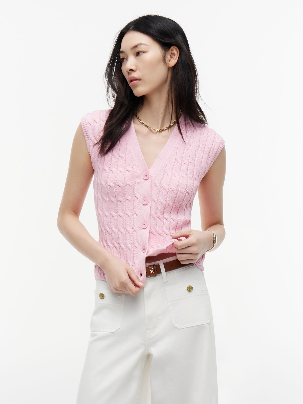 Cable Knit Slim Cap Sleeve Cardigan — Pink