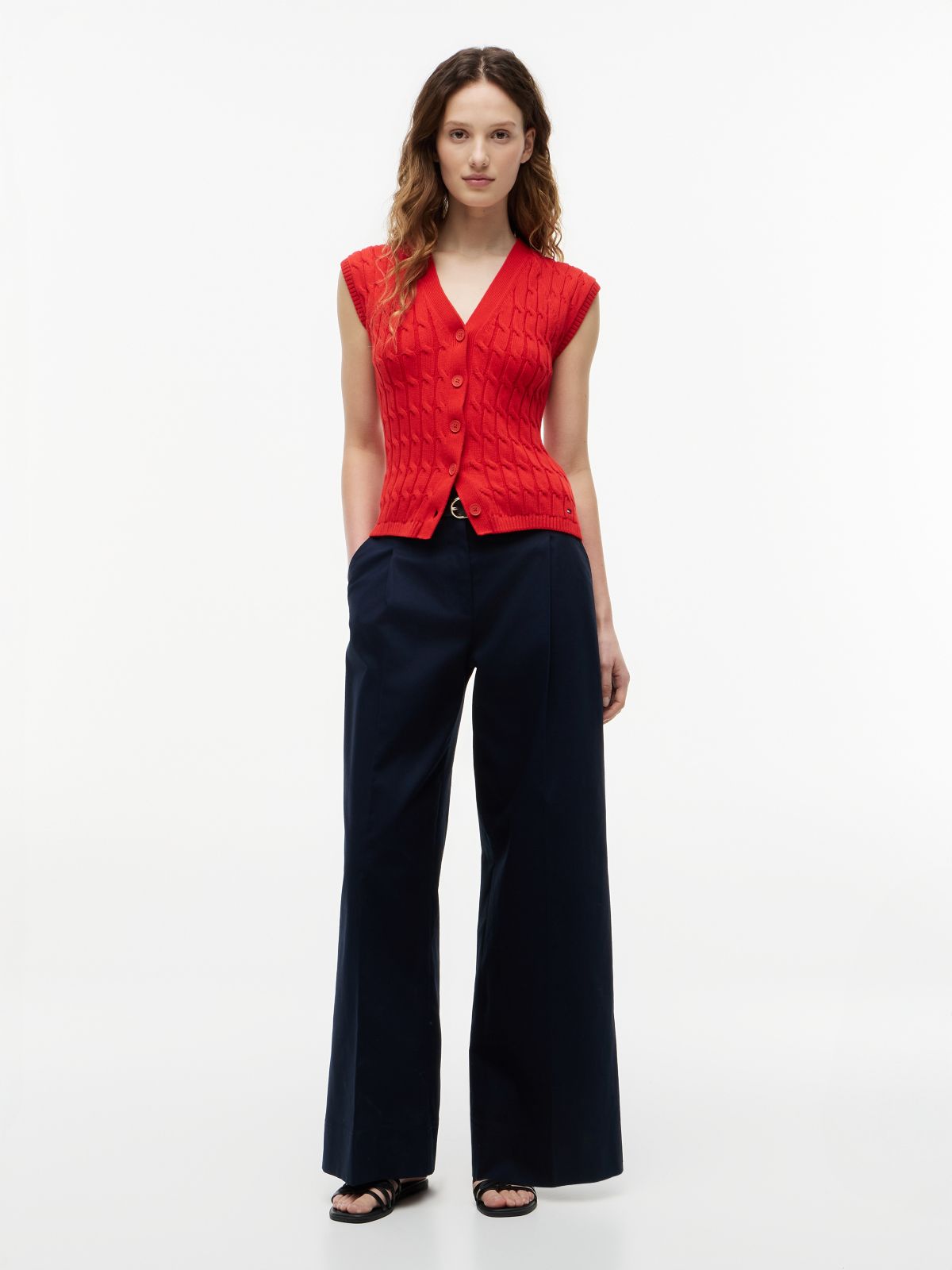 Cable Knit Slim Cap Sleeve Cardigan — Red