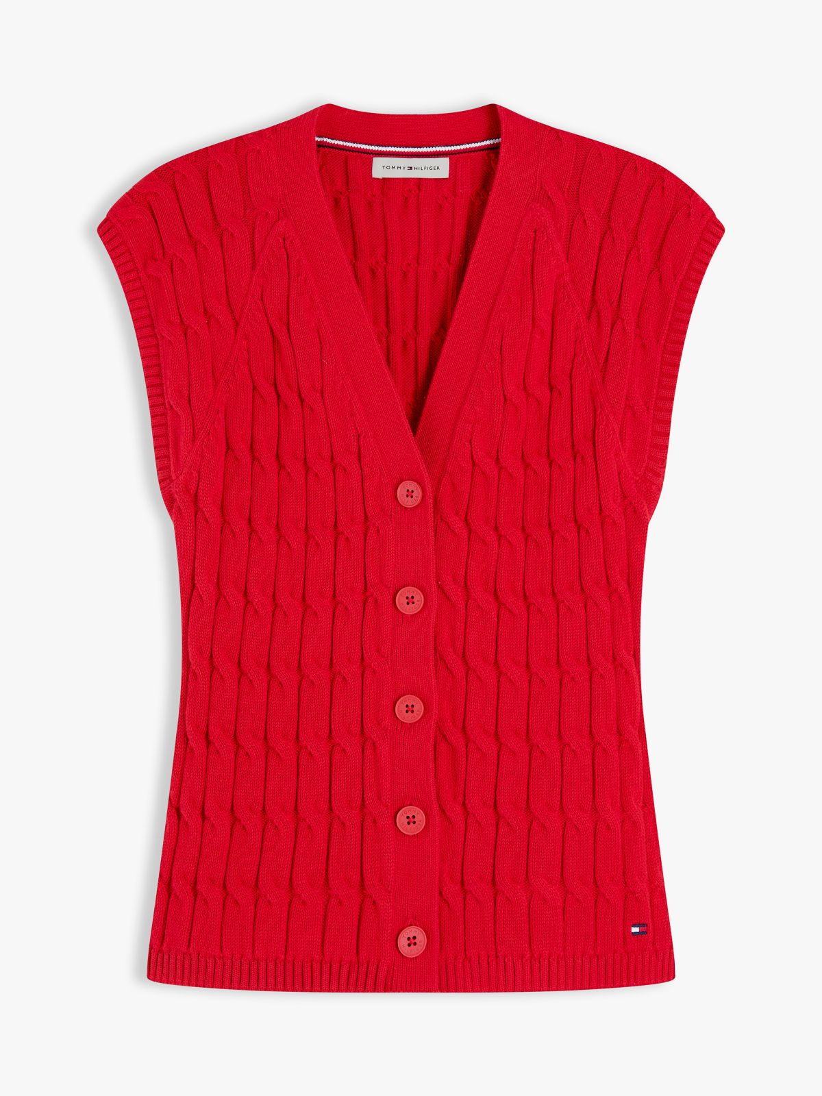 Cable Knit Slim Cap Sleeve Cardigan — Red