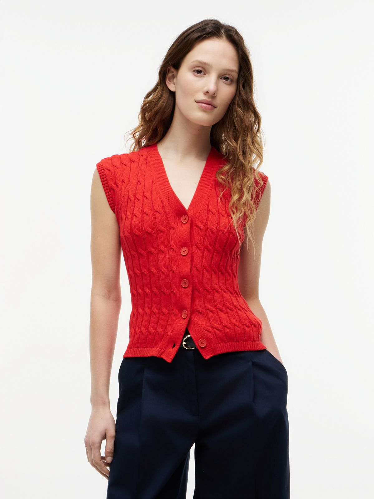 Cable Knit Slim Cap Sleeve Cardigan — Red