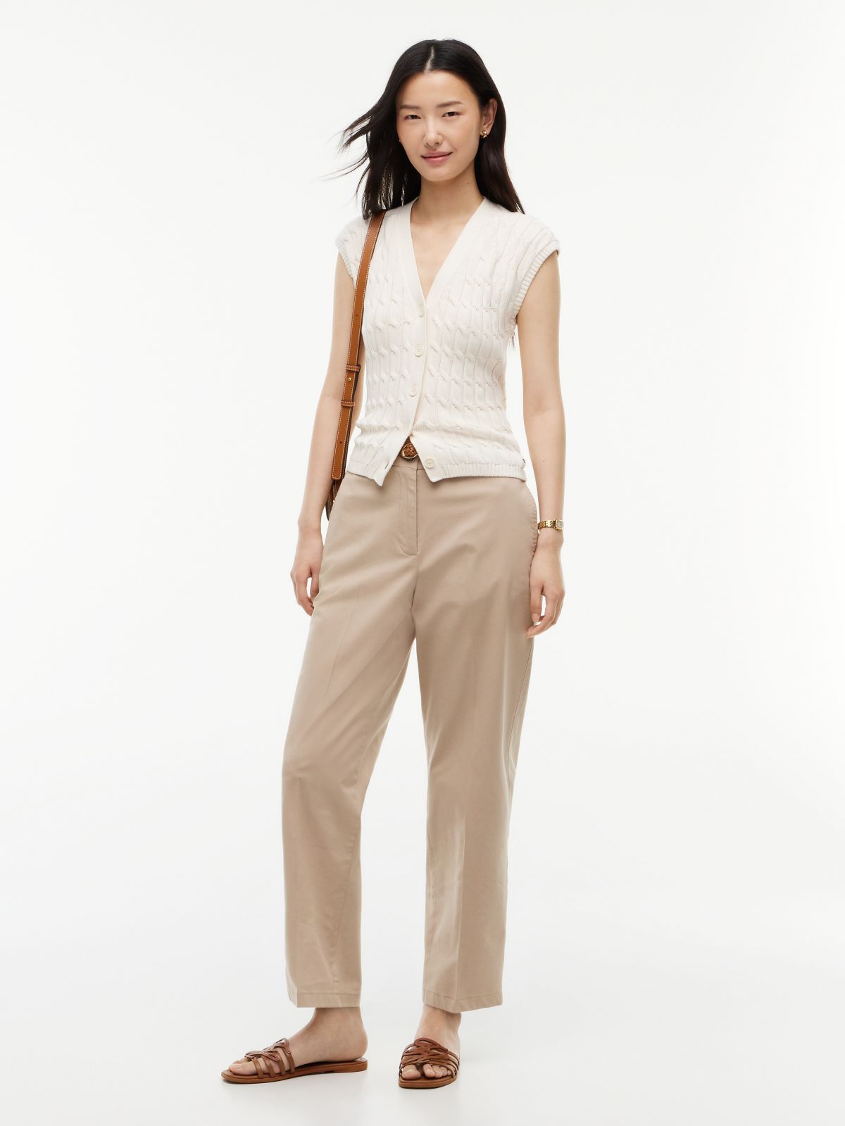 Cable Knit Slim Cap Sleeve Cardigan — Beige