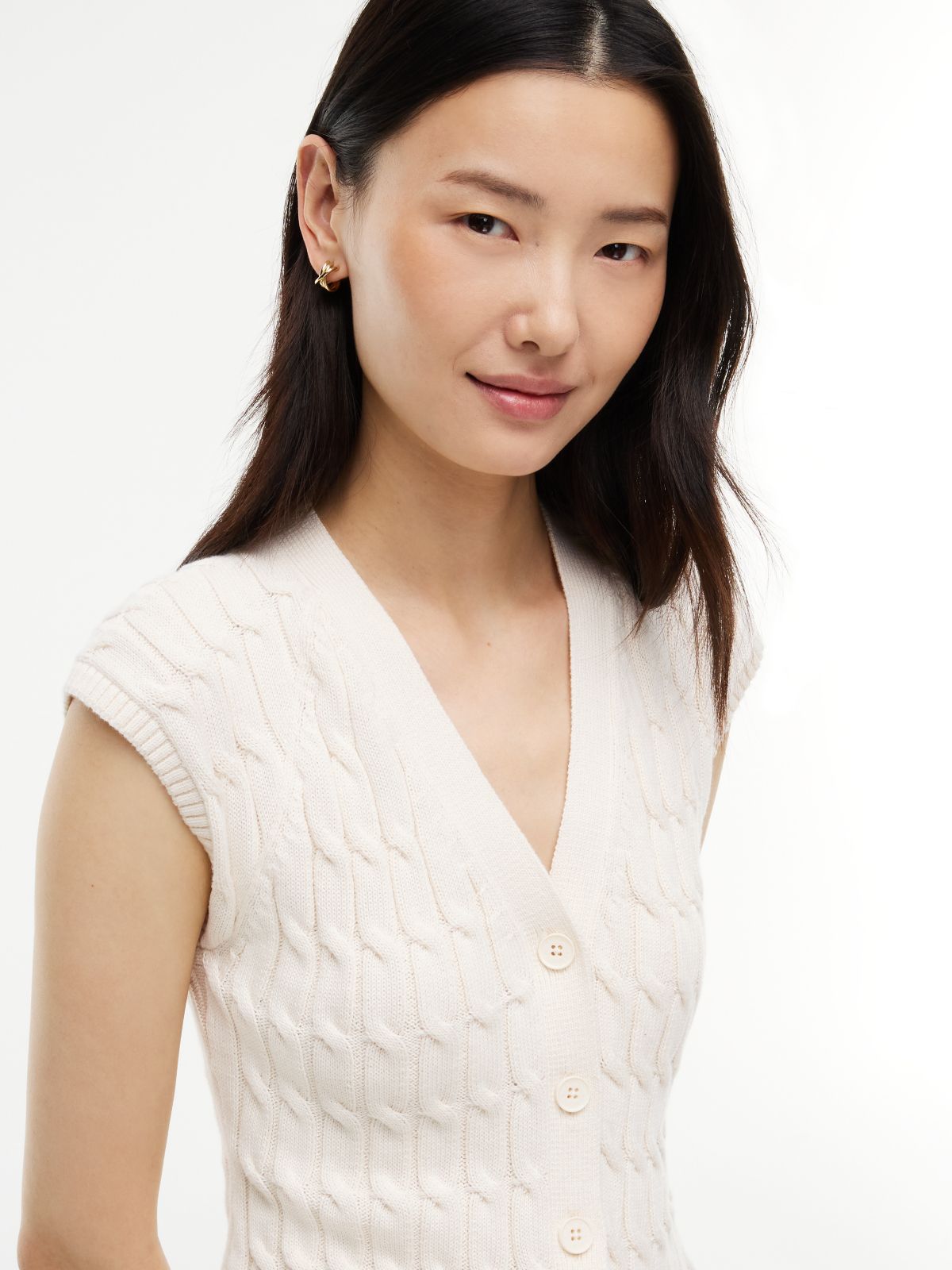 Cable Knit Slim Cap Sleeve Cardigan — Beige