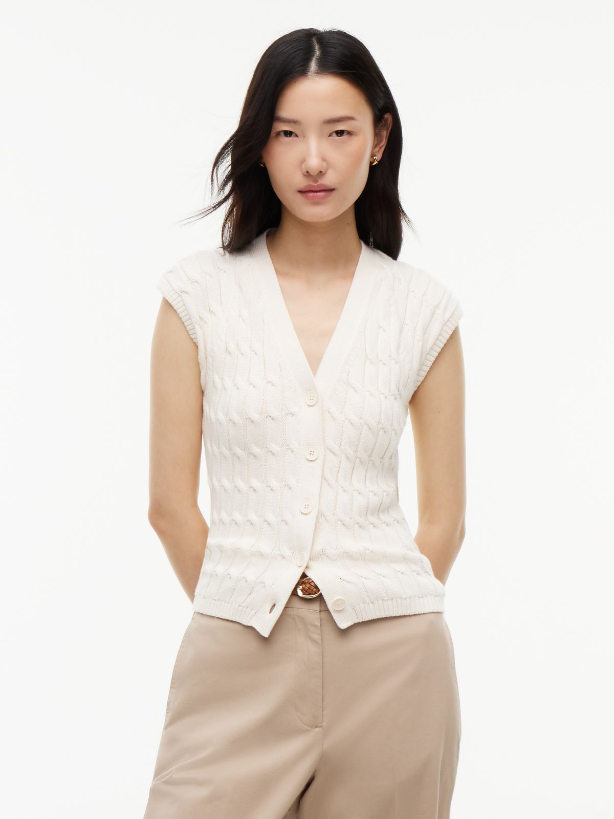 Cable Knit Slim Cap Sleeve Cardigan — Beige