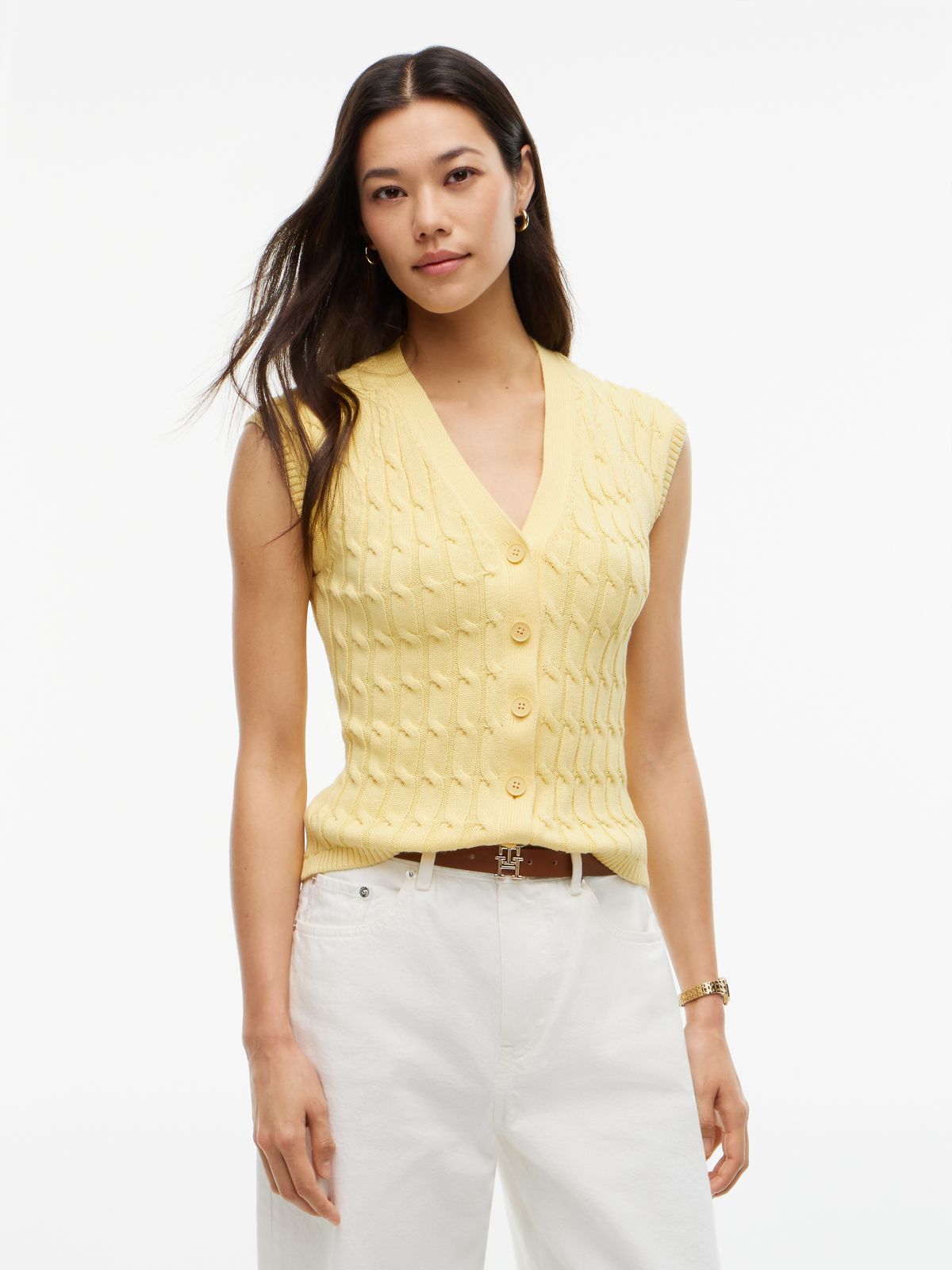 Cable Knit Slim Cap Sleeve Cardigan — Yellow