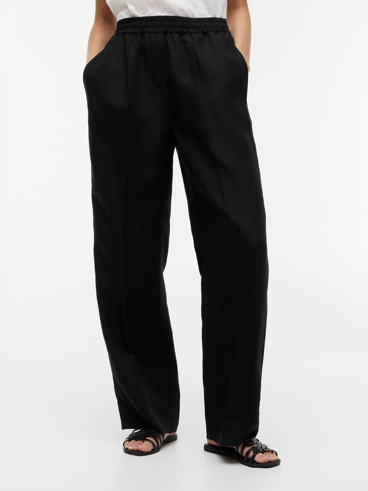 Loose Straight Trousers With Linen — Black