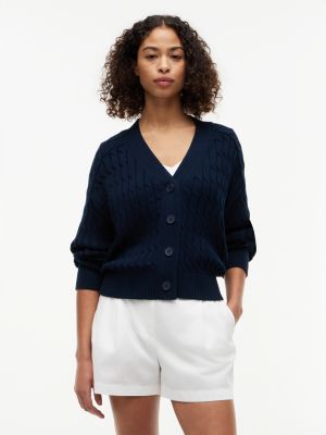 blue oversized kabelgebreid vest met v-hals voor dames - tommy hilfiger