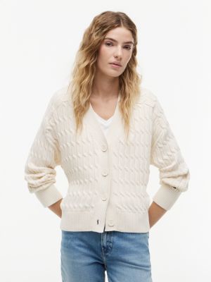 yellow oversized fit zopfmuster-cardigan mit v-ausschnitt für damen - tommy hilfiger