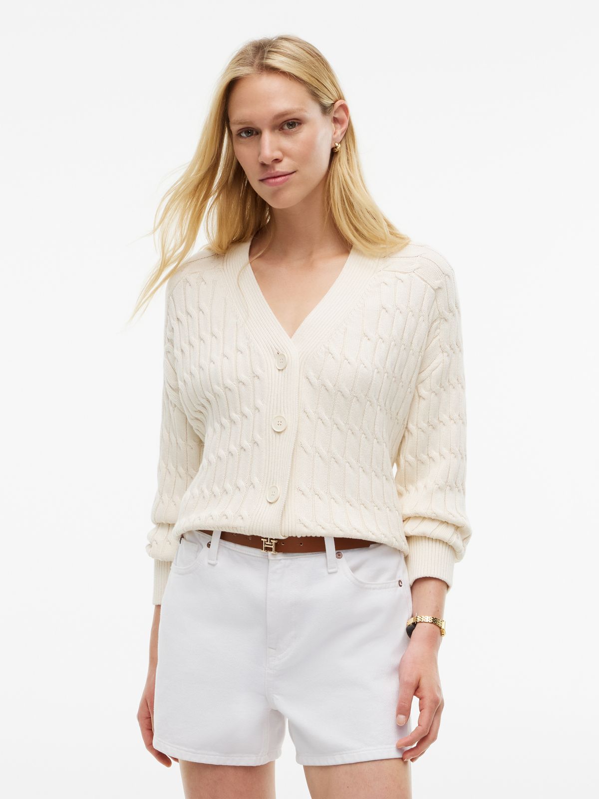 Cable Knit Oversized V-Neck Cardigan — Beige