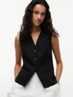Slim V-Neck Waistcoat With Linen — Black 3