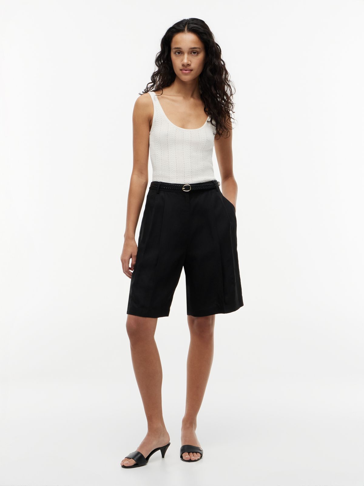 Straight Bermuda Shorts With Linen — Black