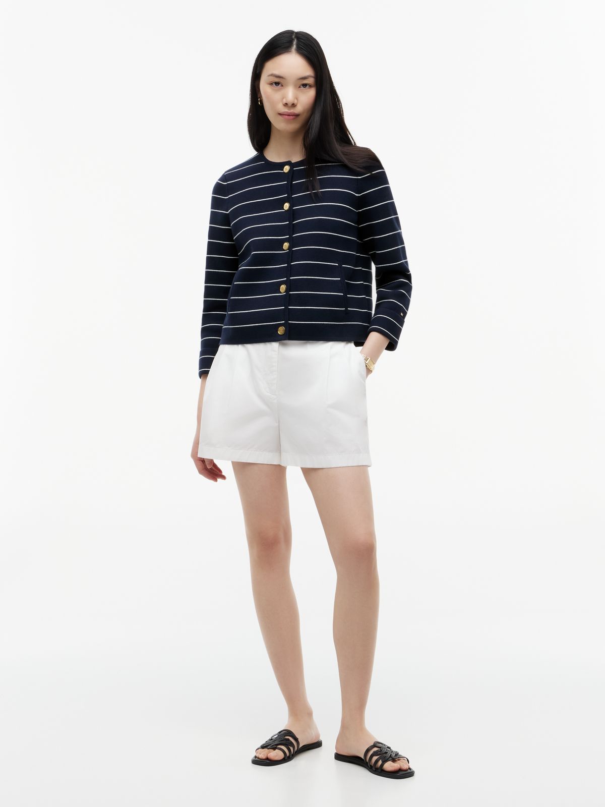 Gold-Tone Button Boxy Cardigan — Multi