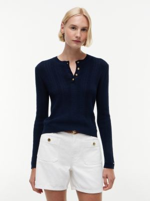 blue pointelle-pullover mit henley-kragen für damen - tommy hilfiger