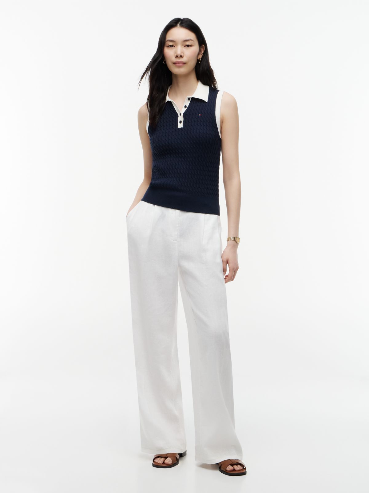 Cable Knit Slim Sleeveless Polo Jumper — Blue