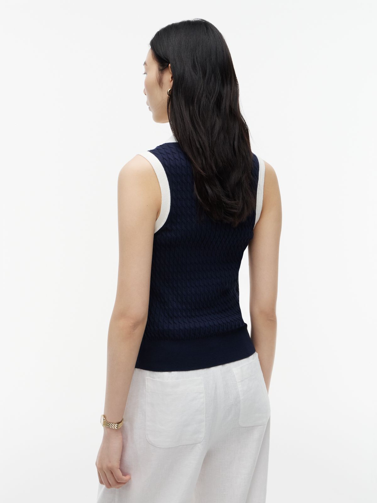 Cable Knit Slim Sleeveless Polo Jumper — Blue