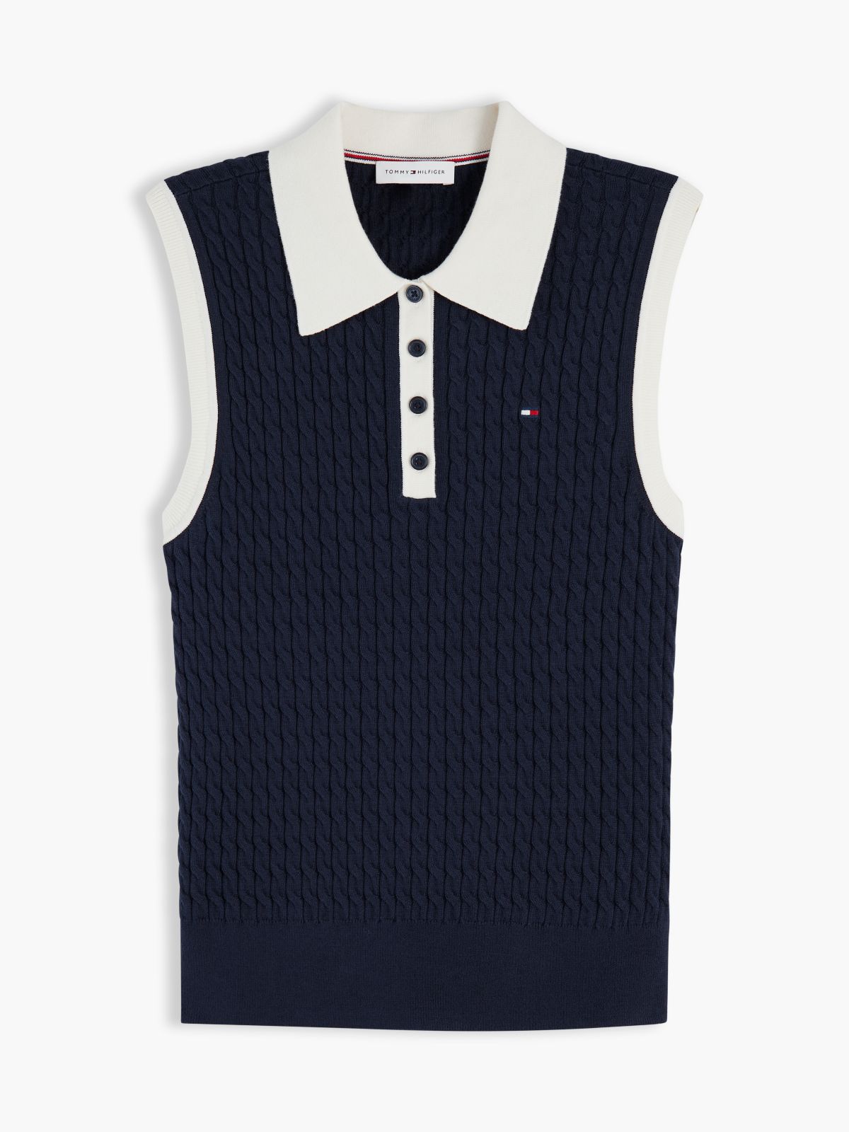 Cable Knit Slim Sleeveless Polo Jumper — Blue