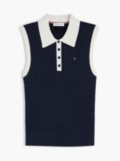 Cable Knit Slim Sleeveless Polo Jumper — Blue 5