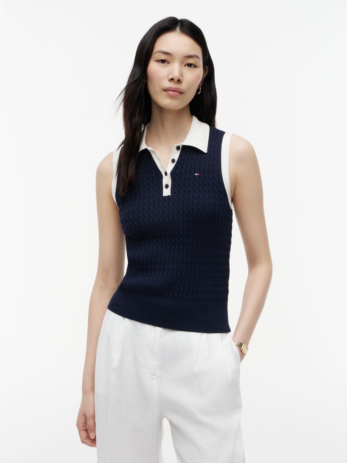 Cable Knit Slim Sleeveless Polo Jumper — Blue