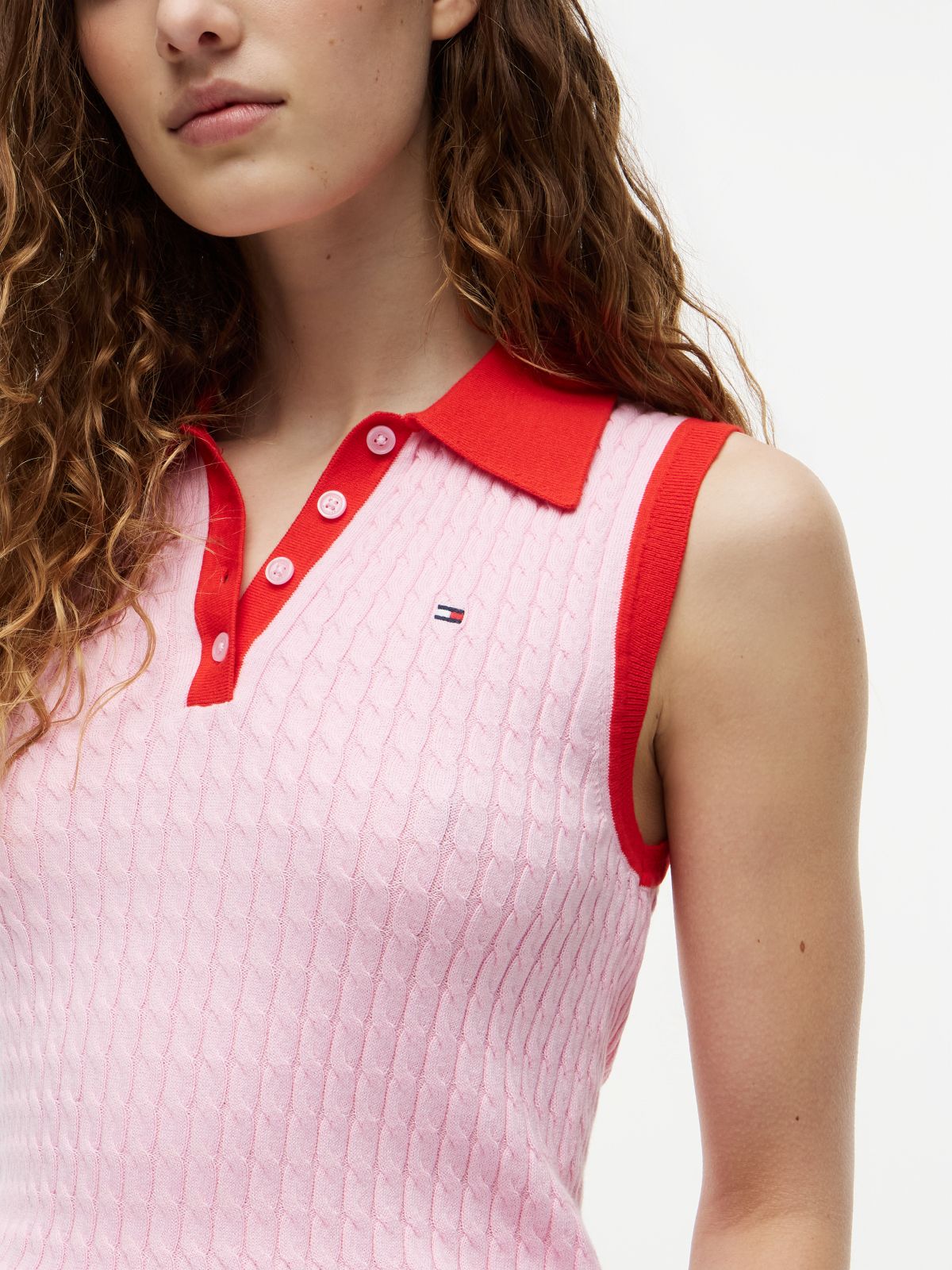 Cable Knit Slim Sleeveless Polo Jumper — Pink