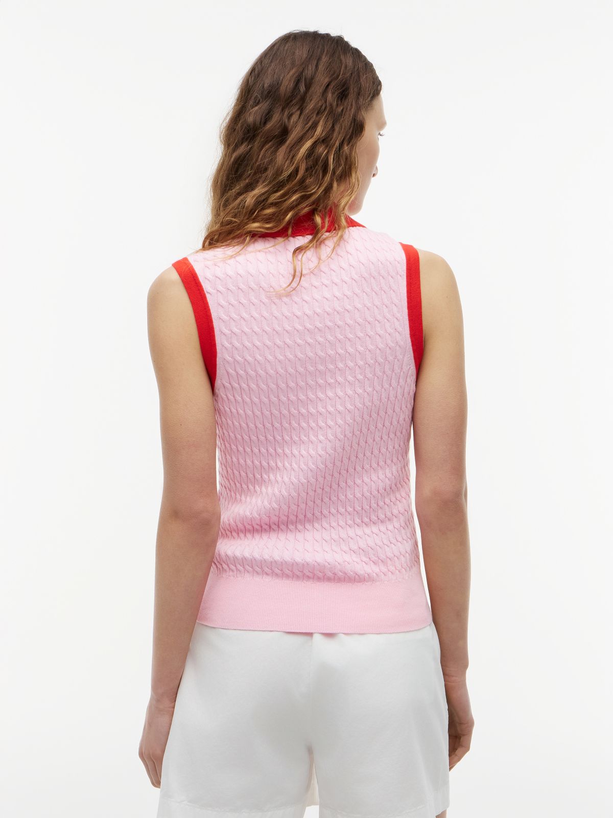 Cable Knit Slim Sleeveless Polo Jumper — Pink