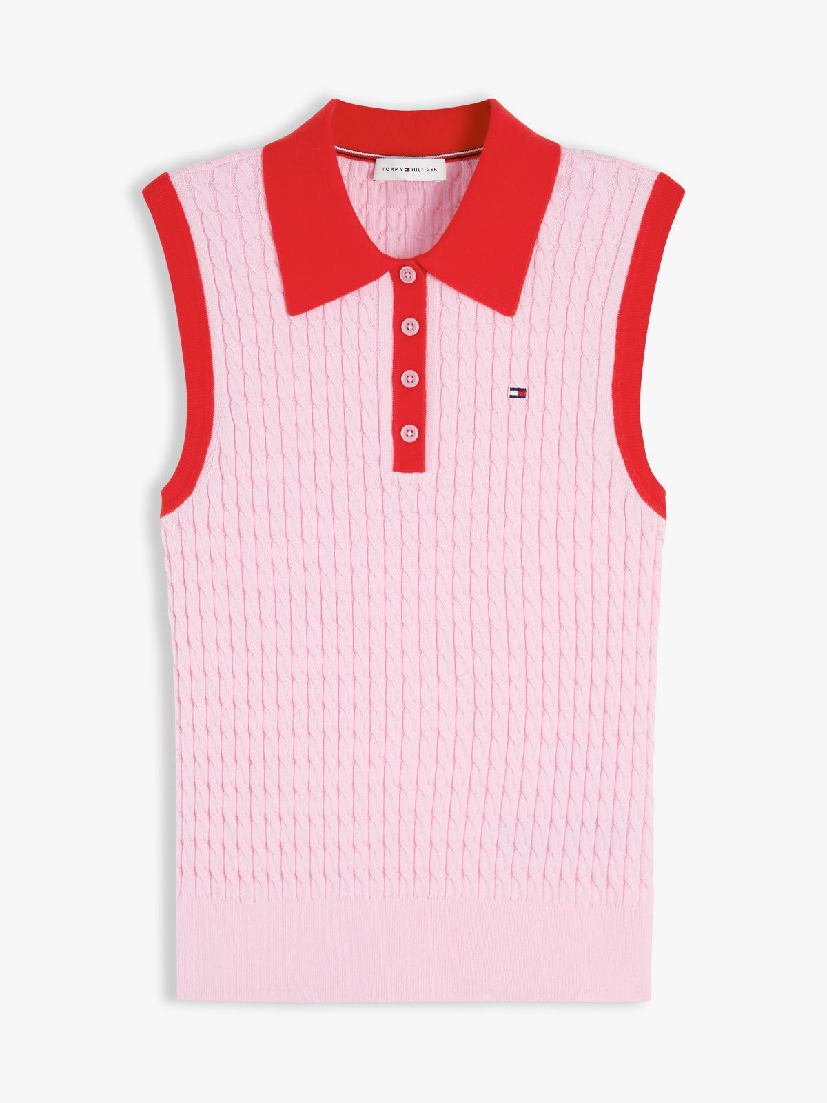 Cable Knit Slim Sleeveless Polo Jumper — Pink