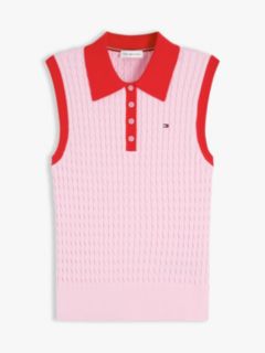 Cable Knit Slim Sleeveless Polo Jumper — Pink 5