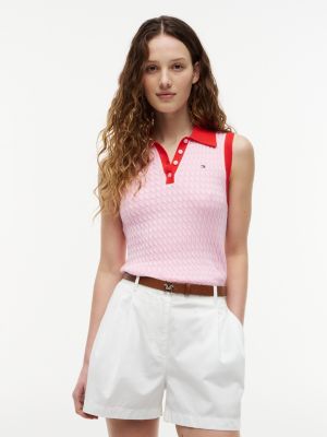 pink ärmelloser slim fit polopullover mit zopfmuster für damen - tommy hilfiger
