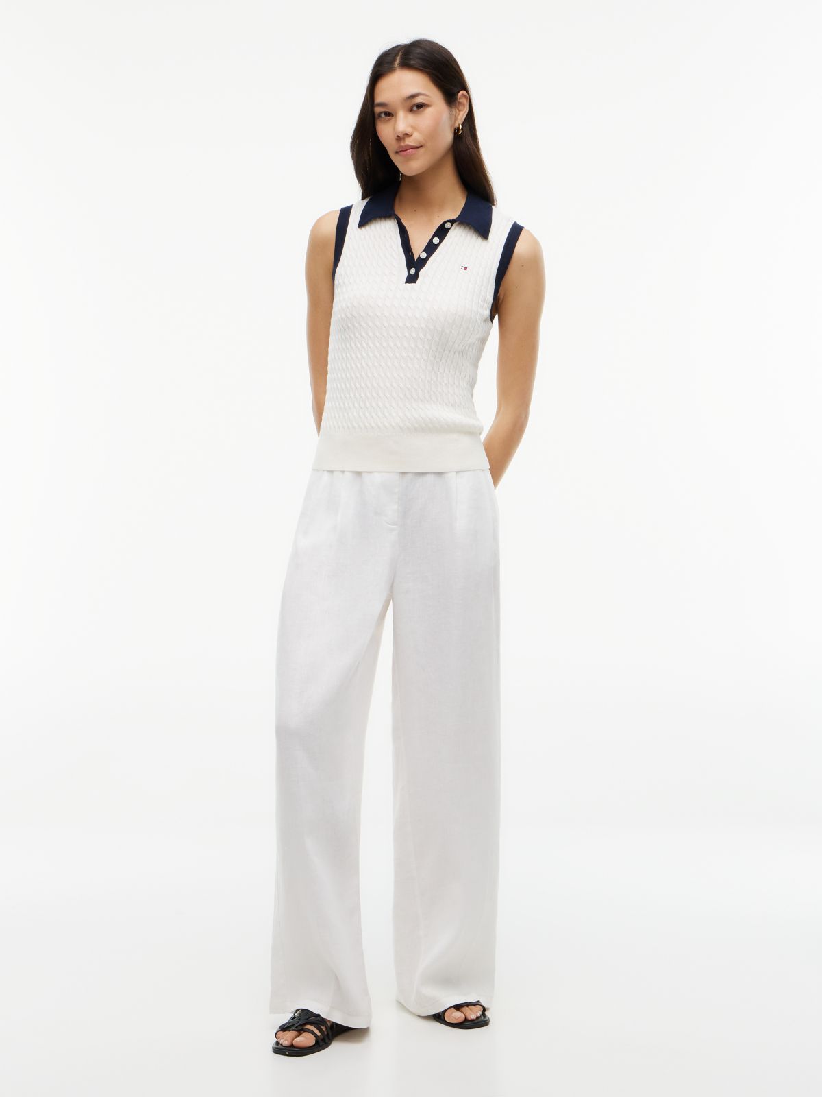 Cable Knit Slim Sleeveless Polo Jumper — Beige