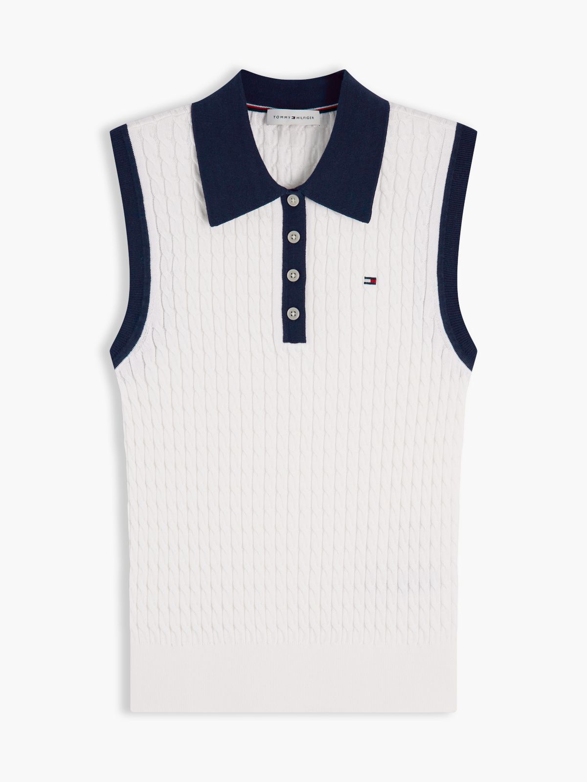 Cable Knit Slim Sleeveless Polo Jumper — Beige